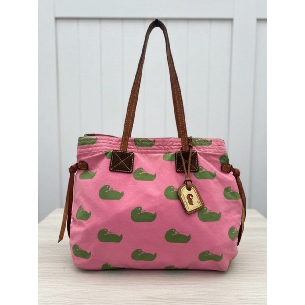 Dooney & Bourke Pink Canvas Duck Print Tote Bag Green Logo Leather Trim Shoulder